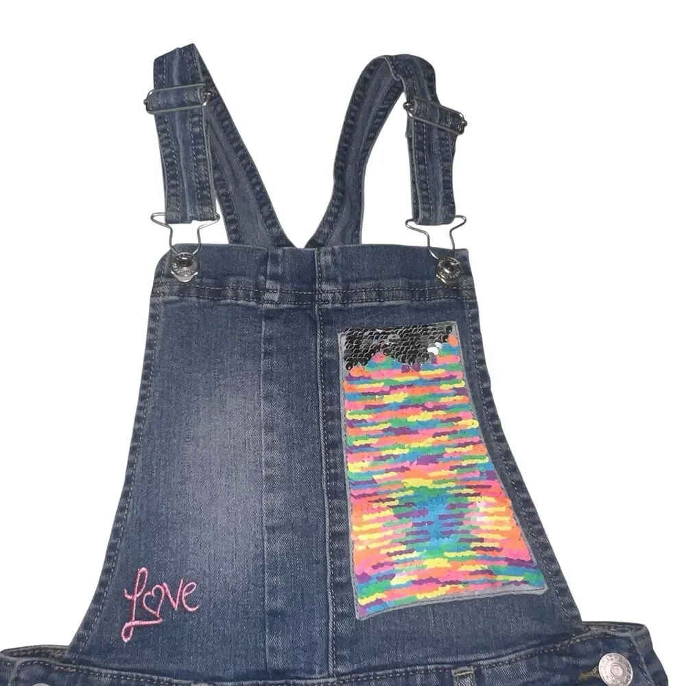JORDACHE Bib Overall Shorts Blue Denim Girls Large 10-12 Sequins Heart Stars